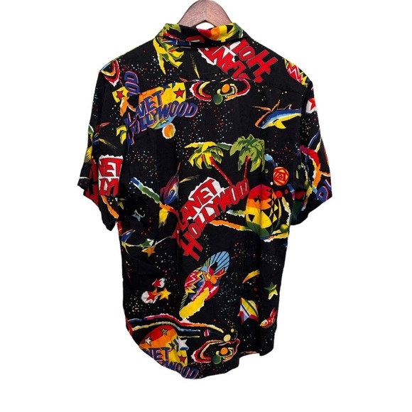 Vintage 90s Planet Hollywood Space Neon Aloha Hawaiian Shirt Small Rainbow - Picture 2 of 14